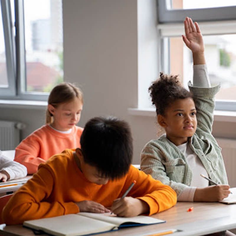 students in classroom, child with raised hand
